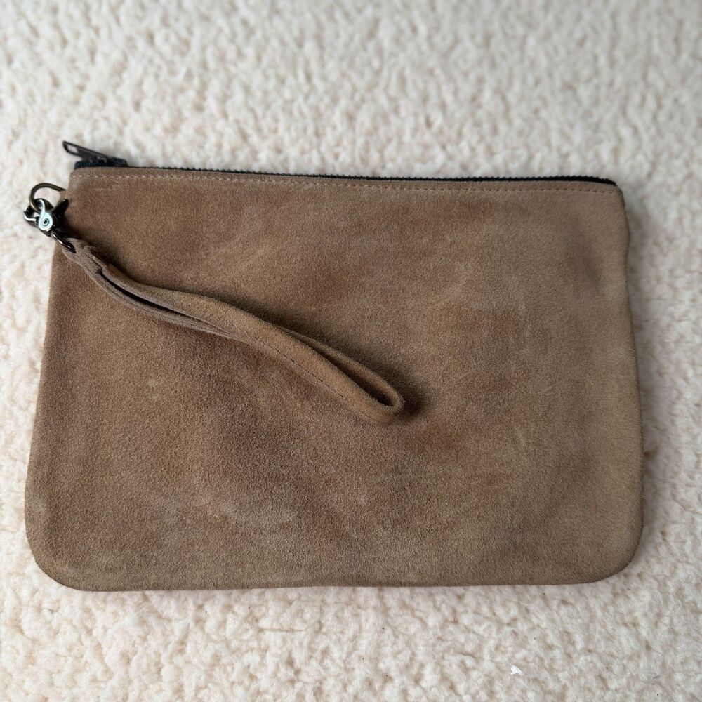 Jess Conte Tan Beige Suede Leather Clutch With Wrist Strap View 2